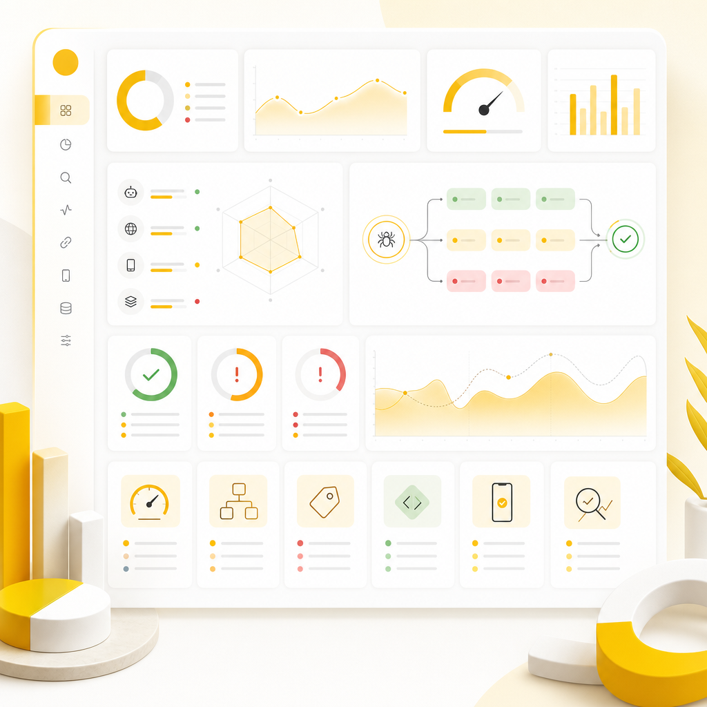 Abstract dashboard illustration representing a technical SEO audit workflow with performance and indexing panels.