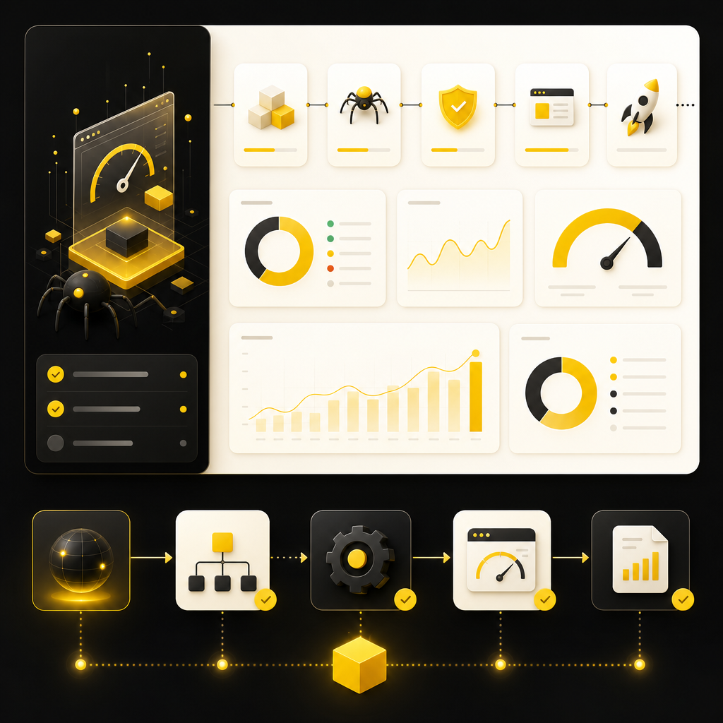 Dashboard-style illustration for technical SEO and website performance optimization