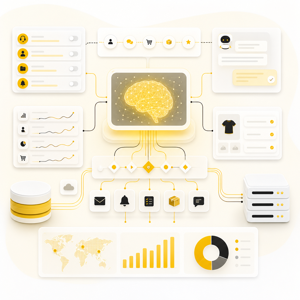 Abstract illustration representing AI automation workflows for eCommerce operations.