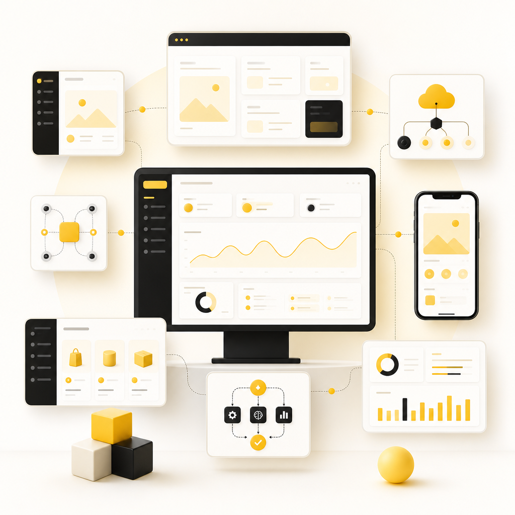 Service ecosystem illustration for MVP web apps, portals, SaaS, integrations, mobile, e-commerce, and automation
