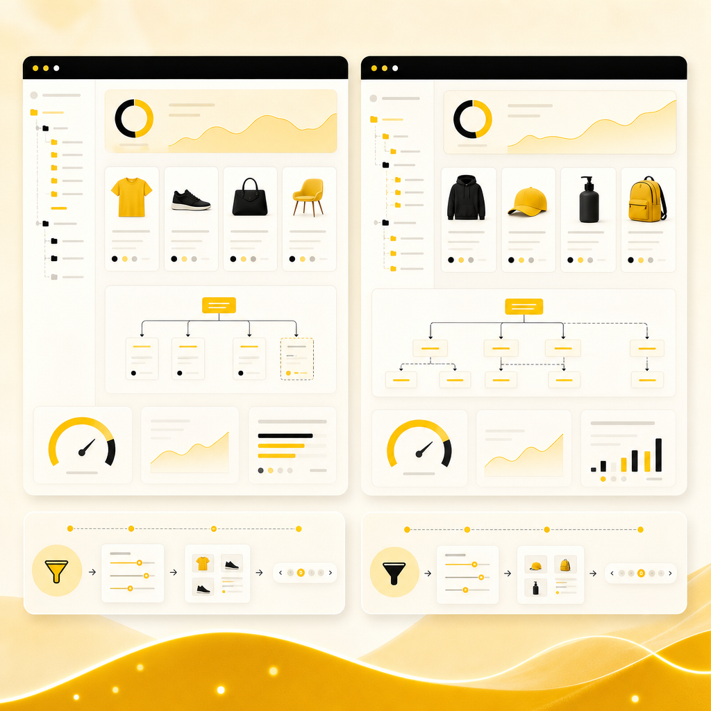 Dashboard illustration showing platform-specific SEO optimization for ecommerce stores