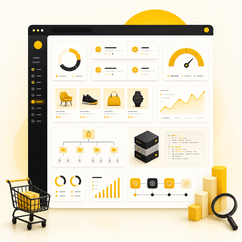SaaS-style dashboard illustration for technical SEO and on-page ecommerce deliverables