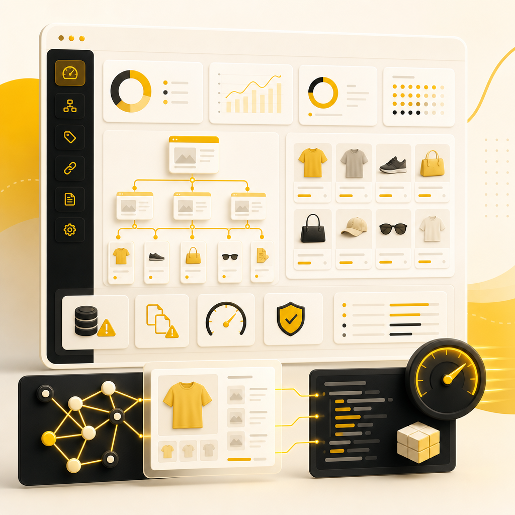 Premium dashboard illustration representing ecommerce technical SEO blockers and crawl improvements