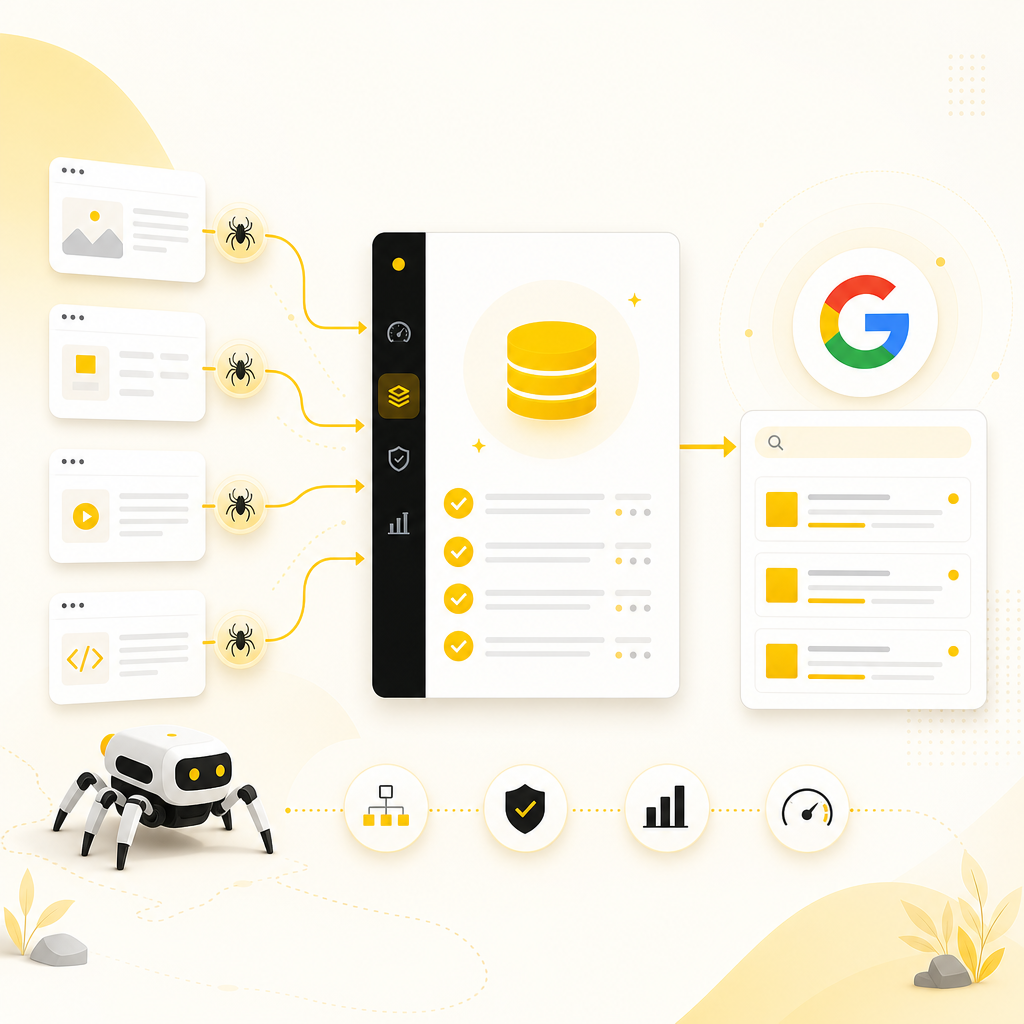 Illustration of crawl and indexing flow for technical SEO.