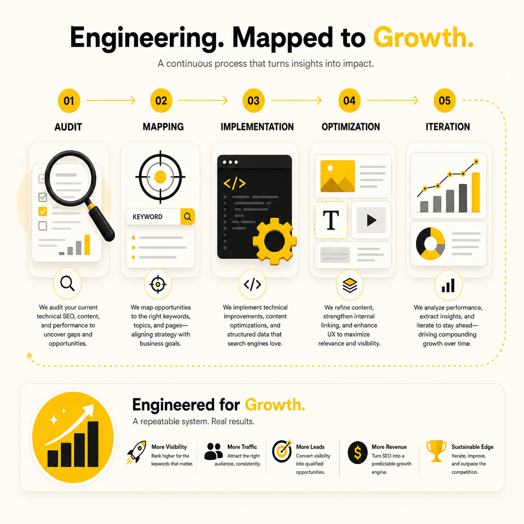 Illustration representing a practical technical SEO process from audit and mapping through implementation, optimization, and measurement.