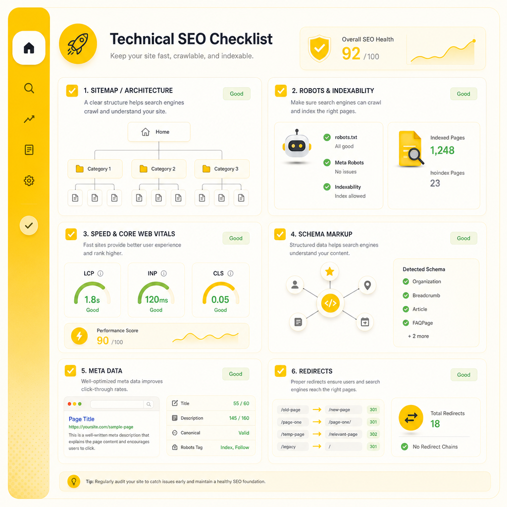Illustration showing the components of technical SEO such as crawl/index health, site architecture, performance, schema, on-page foundations, and redirects.