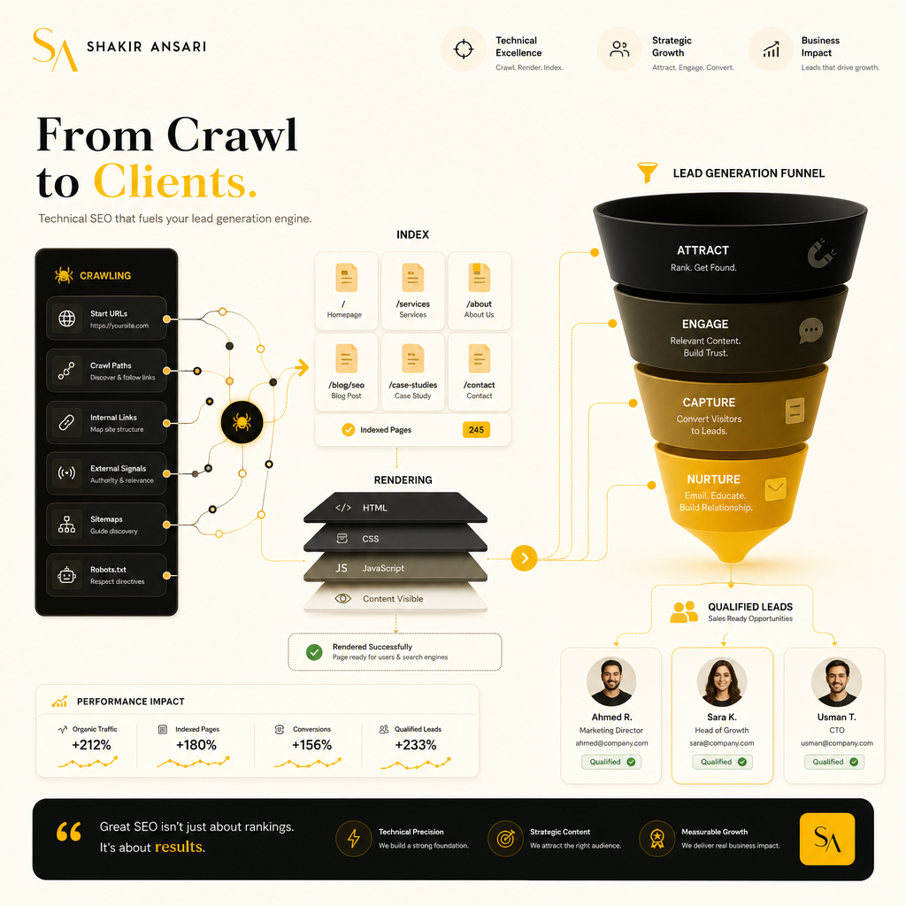 Illustration representing technical SEO fundamentals for lead generation websites, including crawlability, architecture, rendering speed, and search trust.