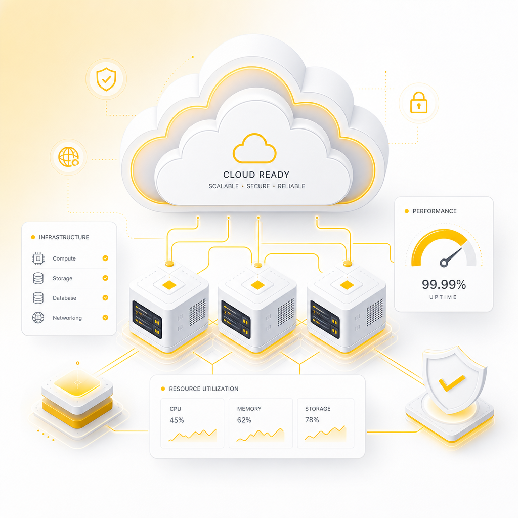 Illustration of cloud infrastructure with reliability and scalability indicators for website performance under traffic spikes.