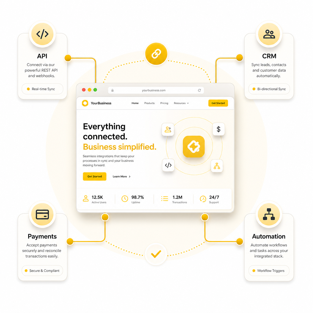 Illustration showing website integrations and automation workflow connections for CRM syncing, payments, and API-based operations.