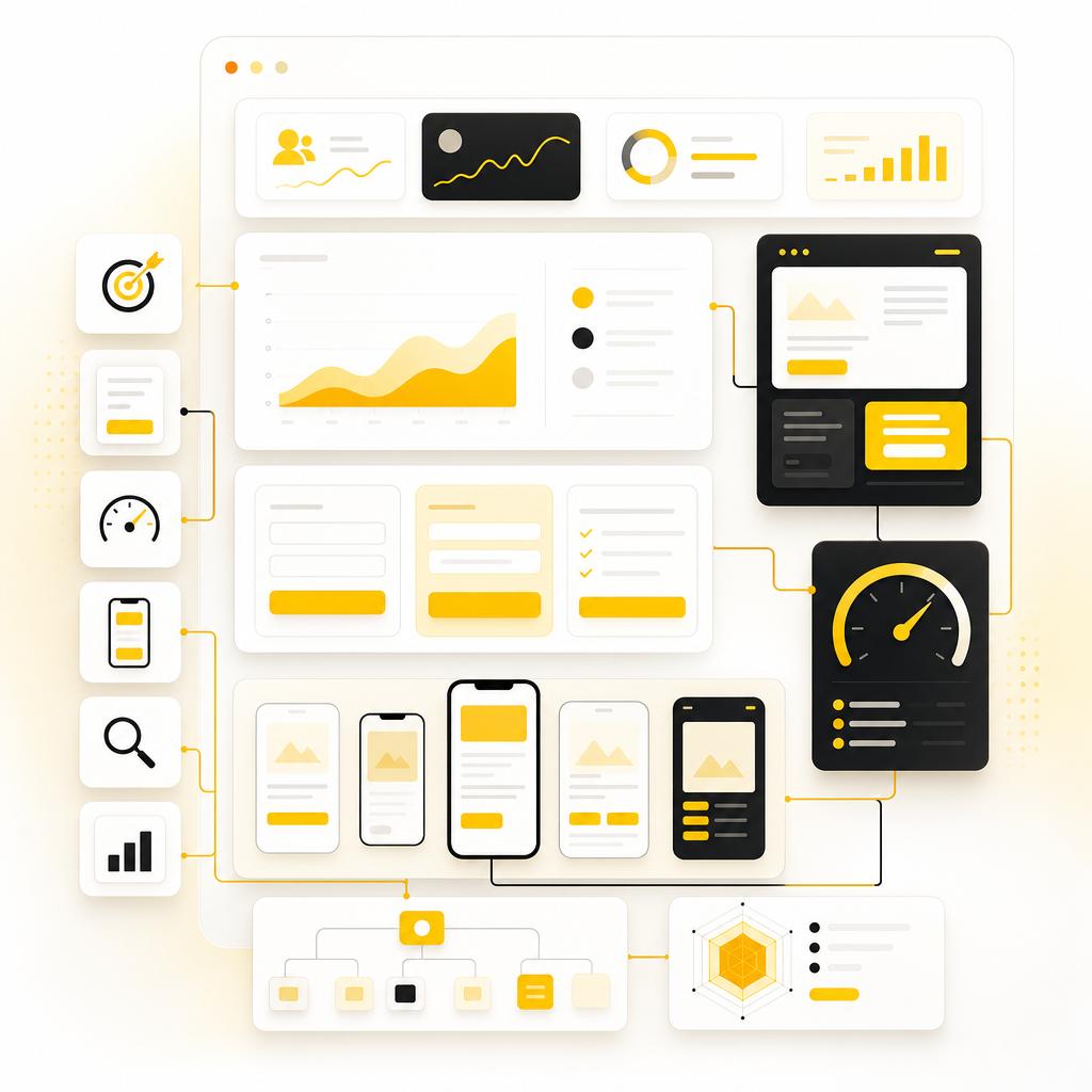 Dashboard illustration representing CTA placement, lead capture forms, and conversion/SEO analytics panels.