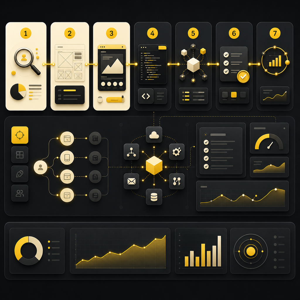 Premium workflow illustration showing a full website development process with integration, QA, and optimization steps.