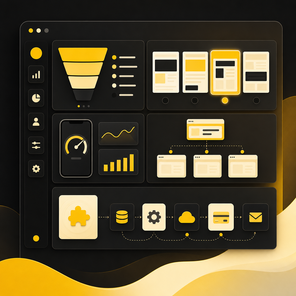 Premium dashboard illustration showing conversion funnel cards, UX/performance panels, and integration routing.