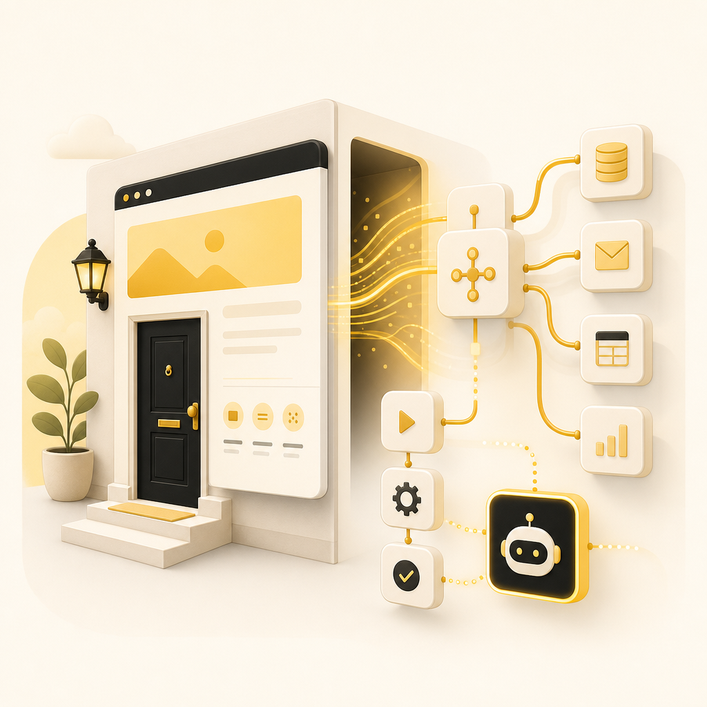 Illustration depicting API integrations and automated workflows behind a marketing website, with optional AI automation.