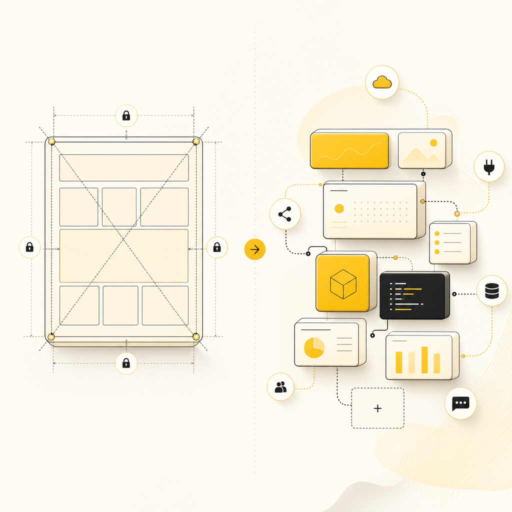 Illustration comparing rigid template constraints versus custom-built flexibility for marketing websites.