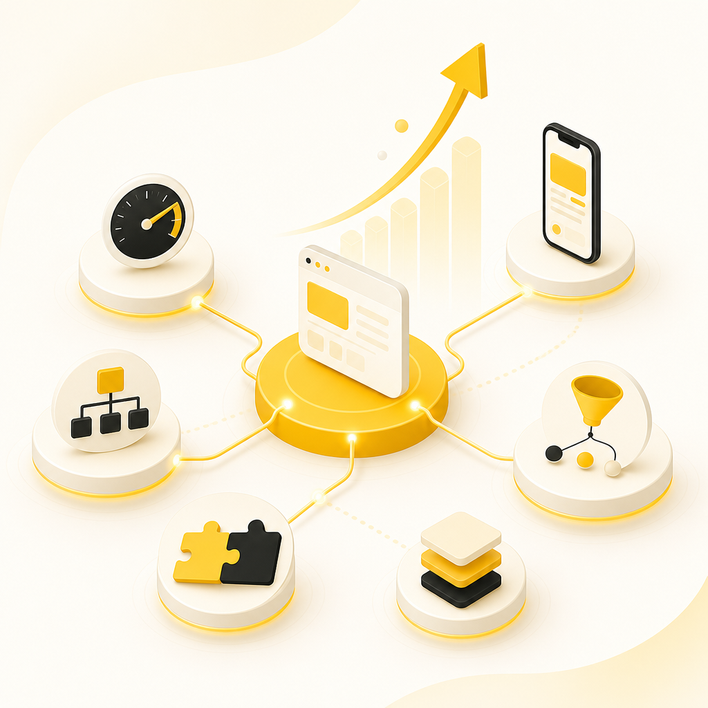 Illustration representing a website growth system for speed, mobile UX, SEO, conversion, integrations, and scalability.
