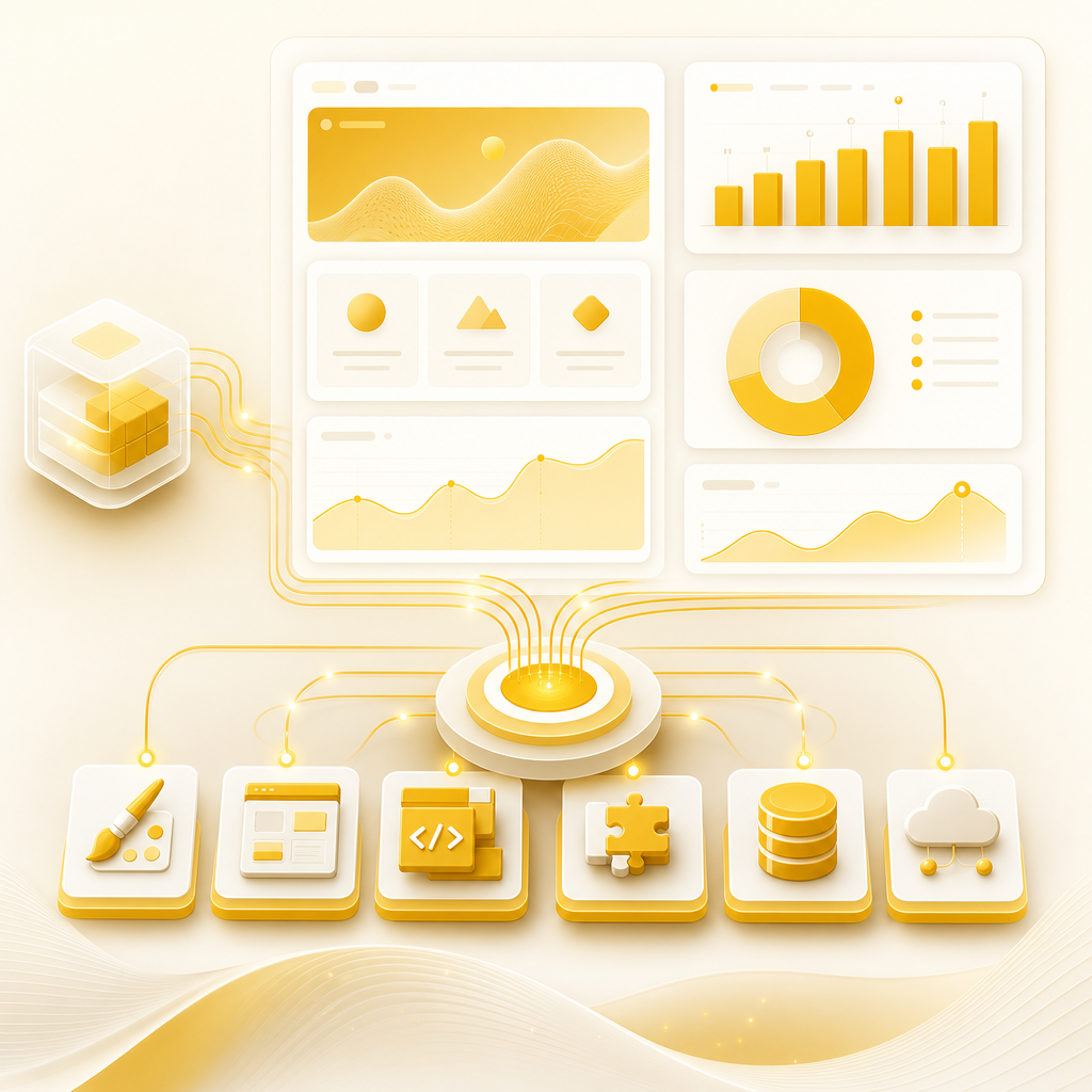 Abstract integration flow and performance modules illustration representing custom vs template benefits.