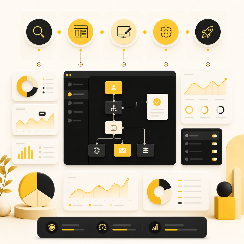 Workflow and analytics illustration representing a website development process for qualified leads.