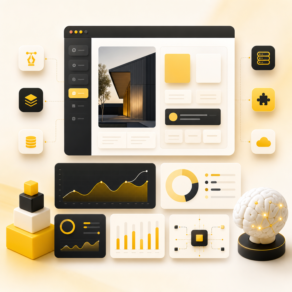 Web dashboard illustration showing custom website development workflows and analytics panels.