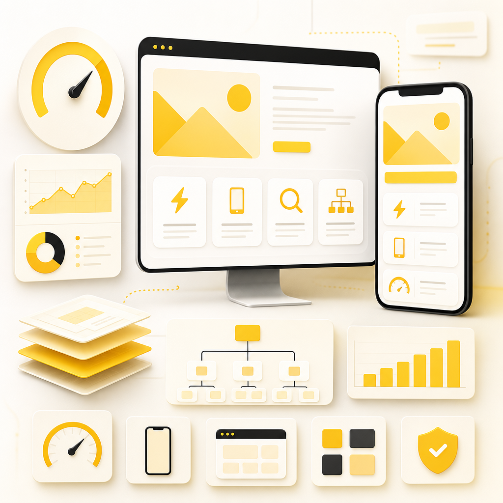 Dashboard-style illustration of mobile responsive website performance and SEO-friendly structure.