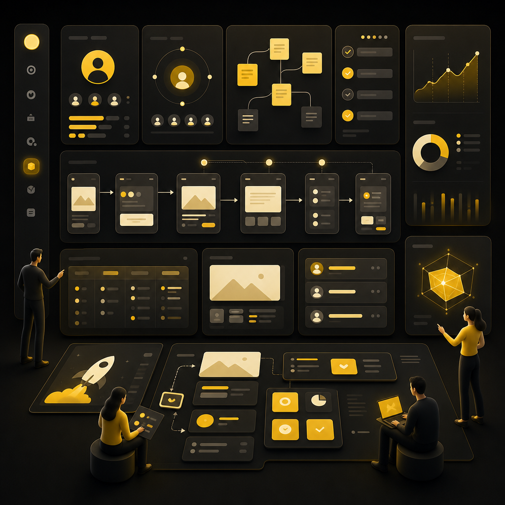 SaaS dashboard illustration showing design sprint planning, user journeys, and MVP feature workflow.