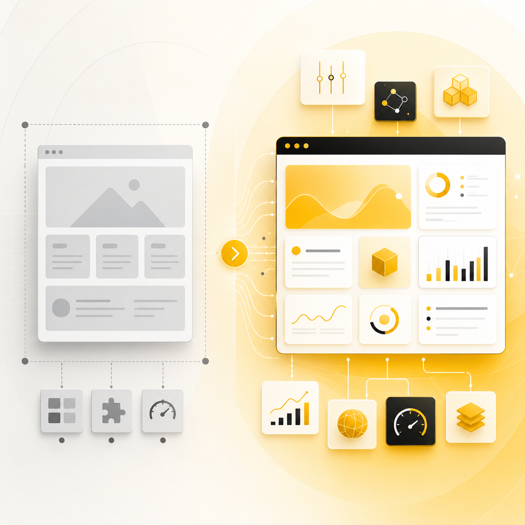 Dashboard-style illustration comparing template websites with custom website development systems.