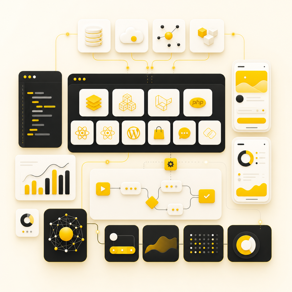 Premium technical dashboard illustration of web development stack, API integrations, mobile apps, and automation workflows.