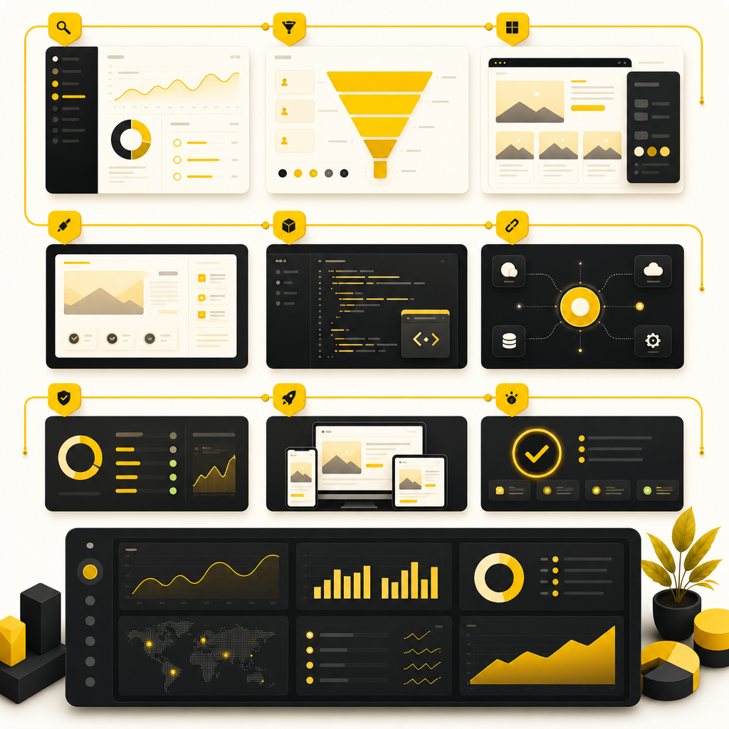 SaaS-style dashboard illustration showing the website redesign process from audit to launch and management.