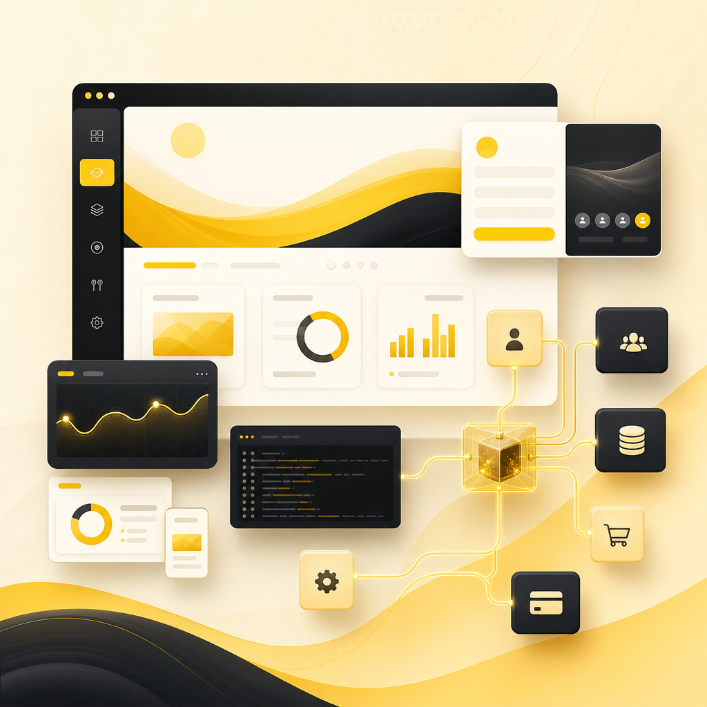 Premium dashboard illustration of website redesign, lead capture, integrations, and automation workflows.