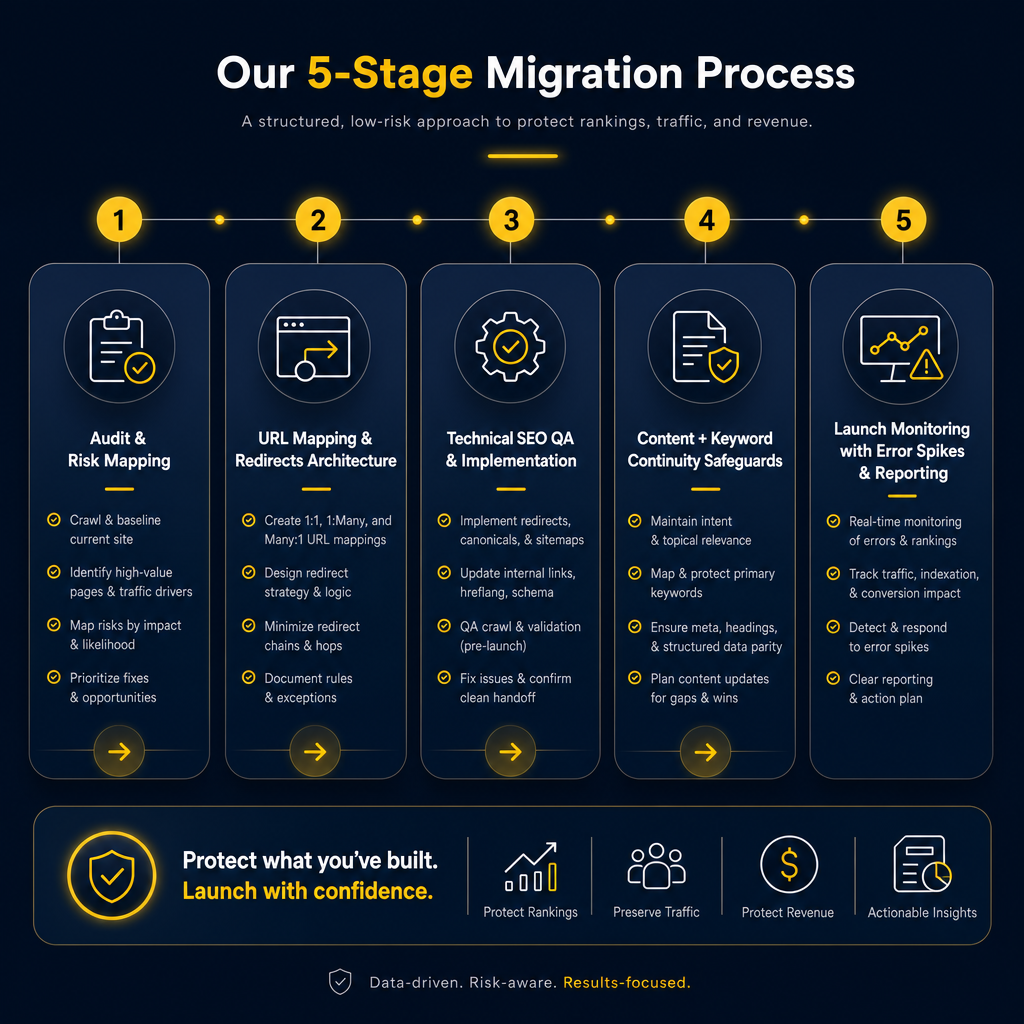 Illustration of a 5-step technical SEO migration workflow with audit, redirects, QA, content continuity, and launch monitoring.