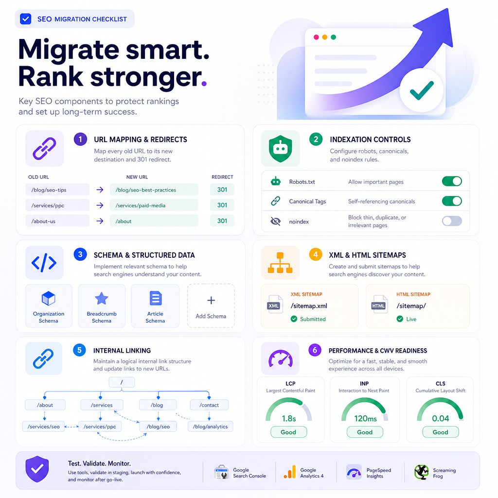 Illustration of an SEO migration checklist including redirects, indexation rules, sitemaps, structured data, and monitoring.