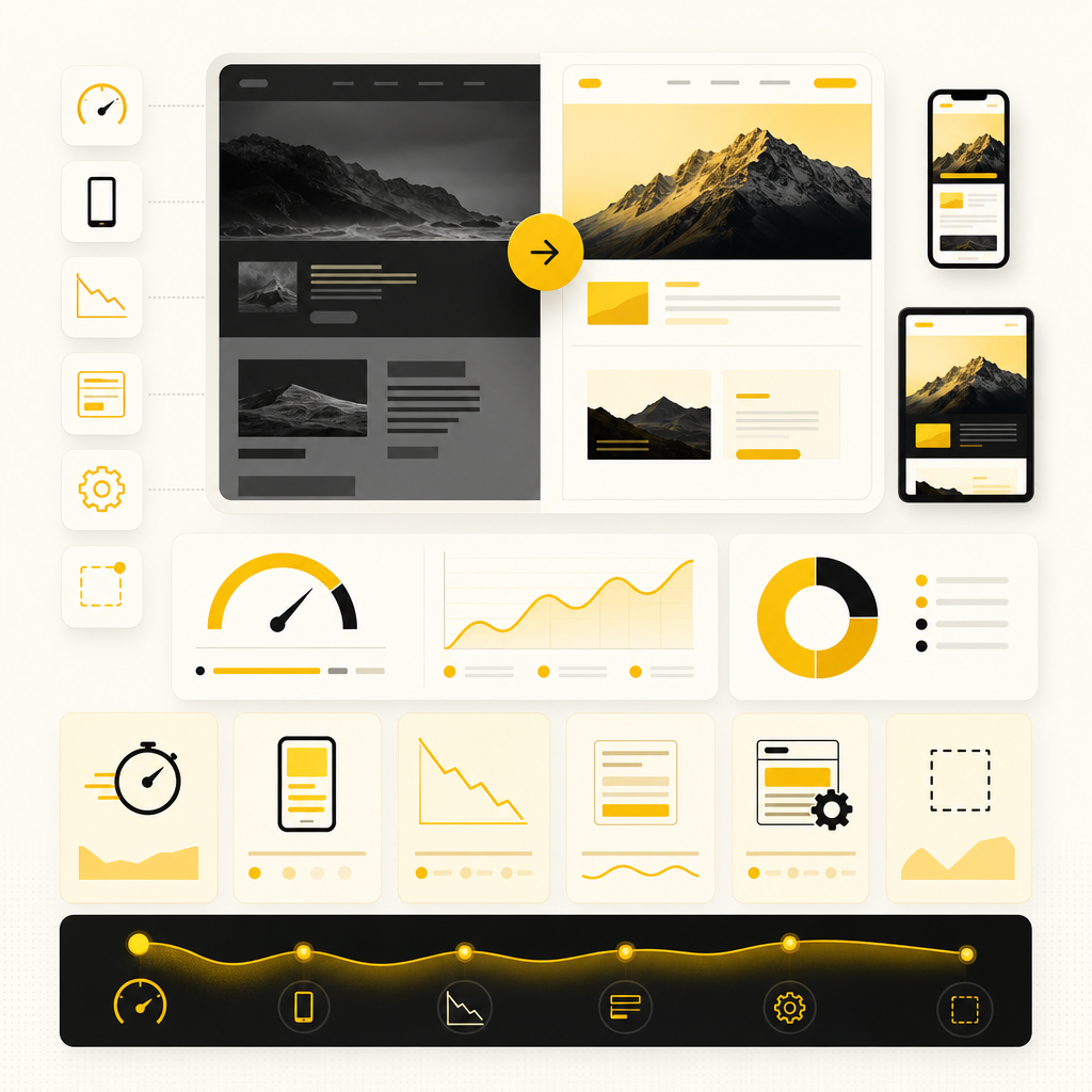 Dashboard illustration showing website redesign warning signs, performance issues, mobile UX, SEO, and conversion panels.