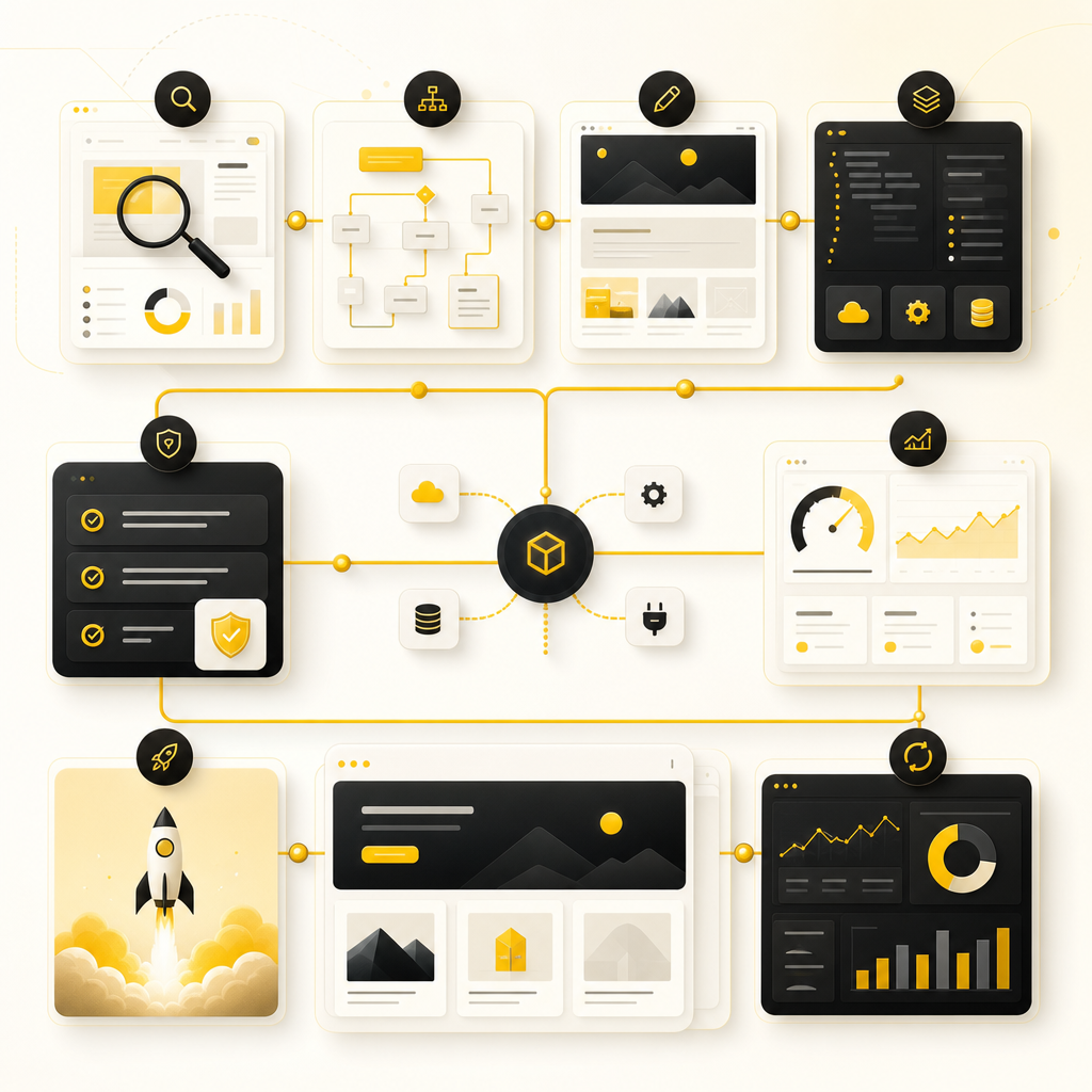 Website redesign process illustration with connected workflow stages, audit panels, UX cards, integrations, QA, and performance analytics.
