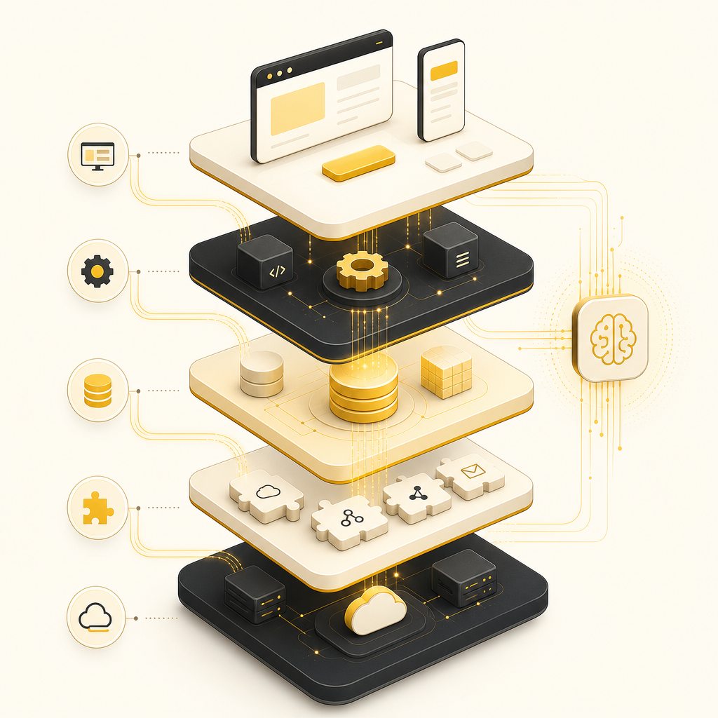 Layered AI application architecture illustration depicting frontend, backend, data, integrations, and deployment working together.