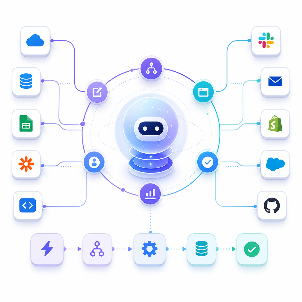 Illustration showing connected APIs, workflow automation, and AI agent-style orchestration.