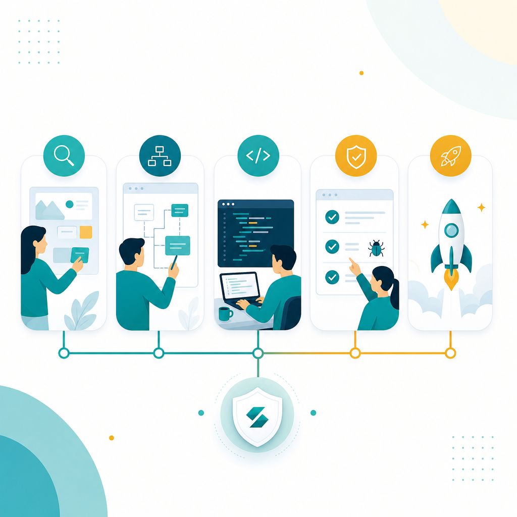 Illustration of an agency-friendly white-label delivery process from discovery to deployment and handover.