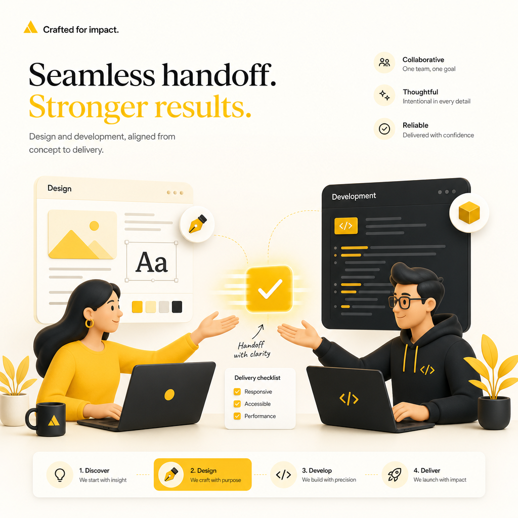 Illustration representing white-label website development with a seamless handoff between design and development.