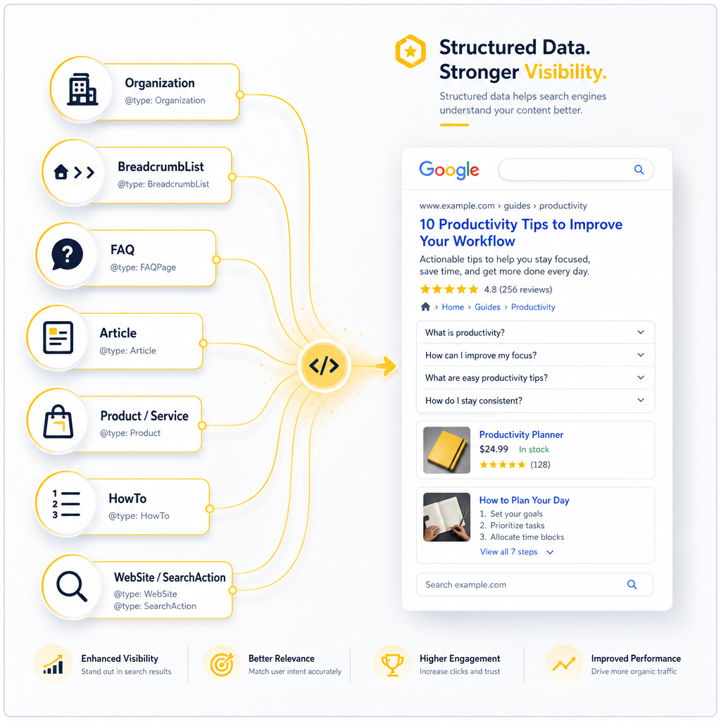 Illustration showing structured data and schema types helping search engines understand pages.
