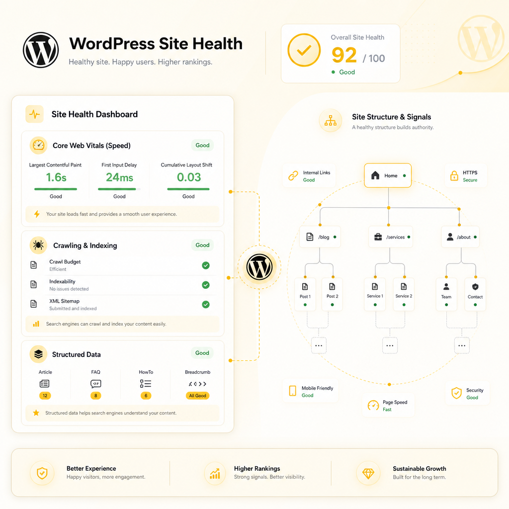 Illustration representing common WordPress SEO issues such as speed, crawling, and structured data problems.