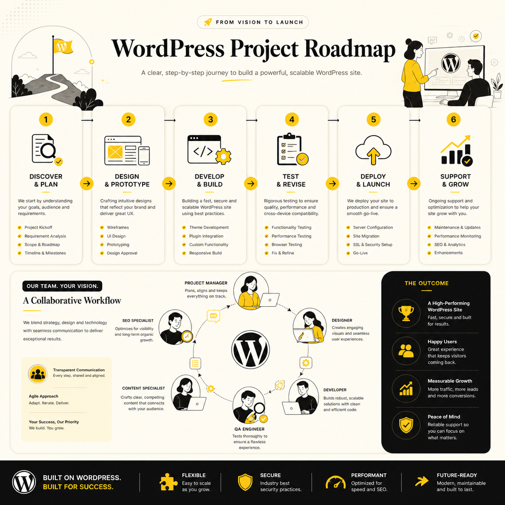 Illustration representing a step-by-step workflow for building a custom WordPress website with performance, security, and SEO setup.