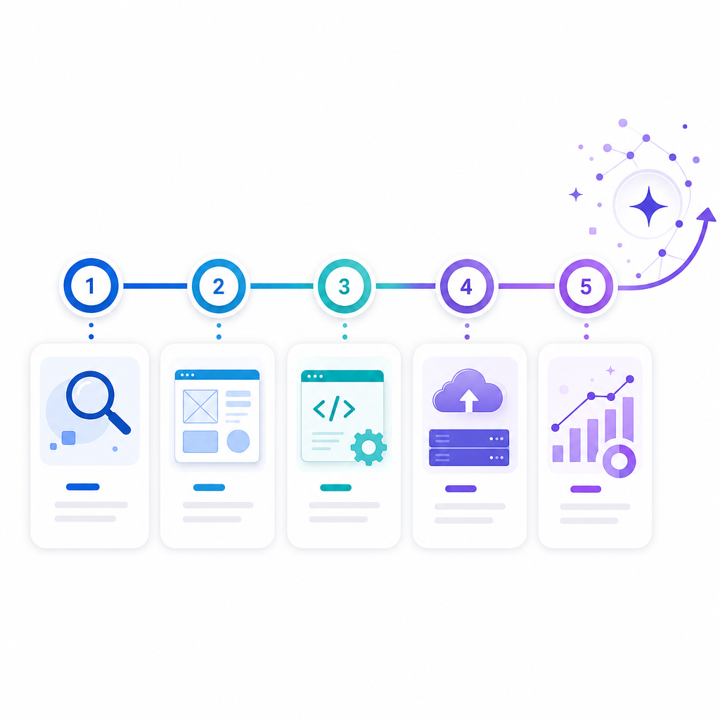 Illustration of a five-step workflow automation build process timeline including deployment and ongoing ML optimization.