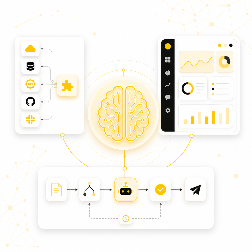 Illustration showing workflow orchestration, tool connections, automation interfaces, and intelligent ML components connected together.