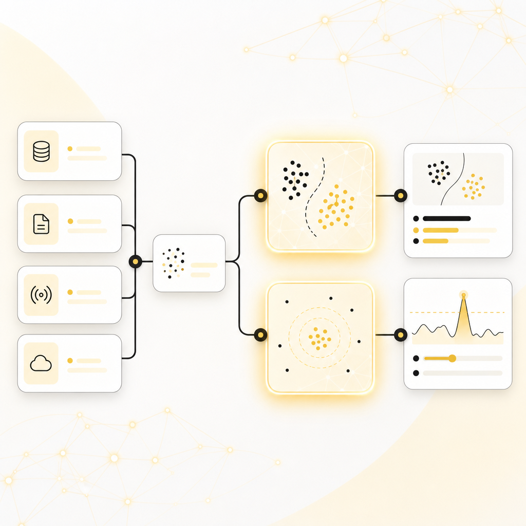 Illustration of Machine Learning-enhanced workflow cards showing classification, anomaly detection, and predicted priorities.