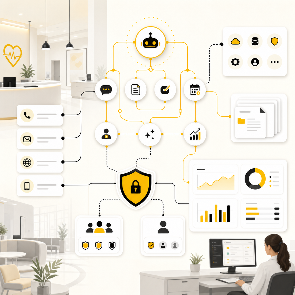 Illustration of AI agents, workflow automation, API integrations, document processing, analytics dashboards, and safety controls working together in a clinic.