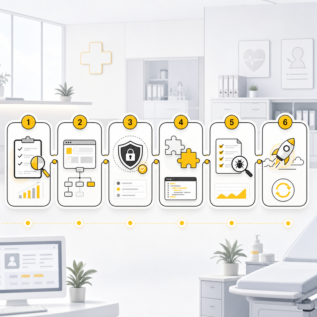 Illustration of a 6-step implementation roadmap for clinic-ready AI automation, from audit to rollout and iteration.