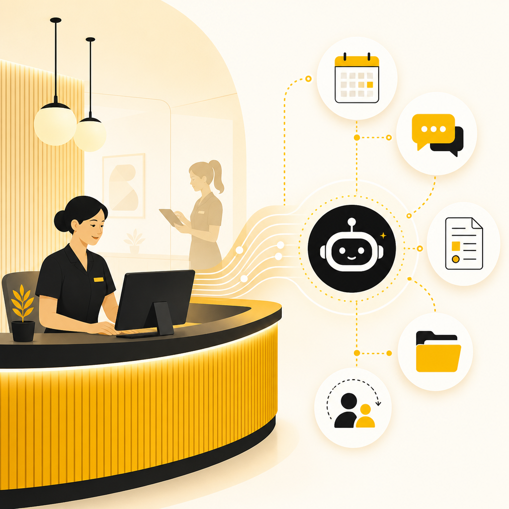 Illustration showing clinic front office workflows becoming automated across scheduling, reminders, intake, FAQs, documents, and follow-ups.