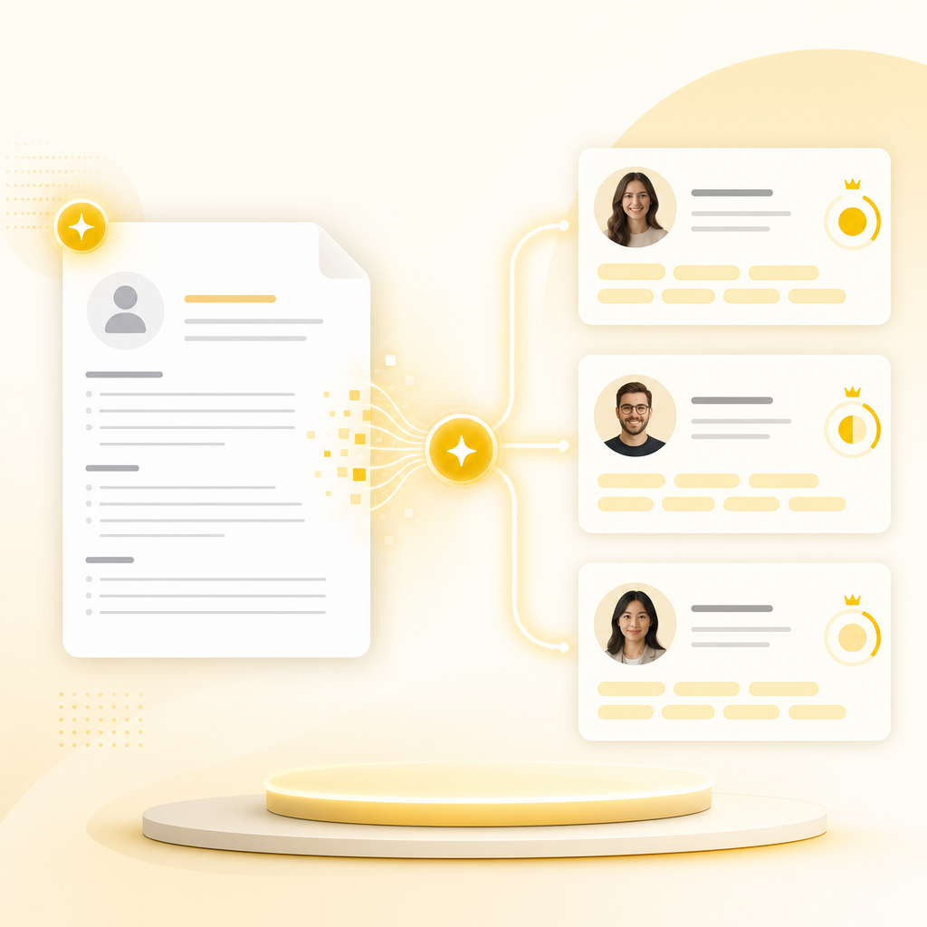 Illustration of AI-assisted resume screening turning a resume into structured candidate profiles with skills and shortlisting.