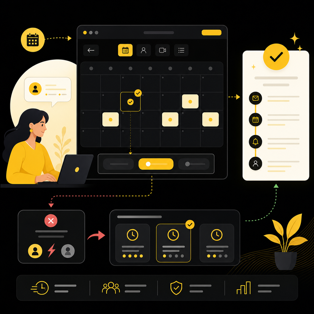 Illustration of automated interview scheduling with calendar availability, confirmations, and rescheduling flows.