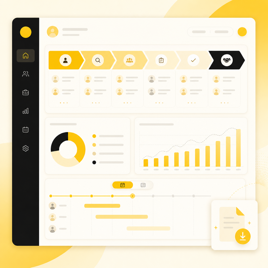 Illustration of client-ready recruitment dashboards showing candidate pipeline visibility and update summaries.