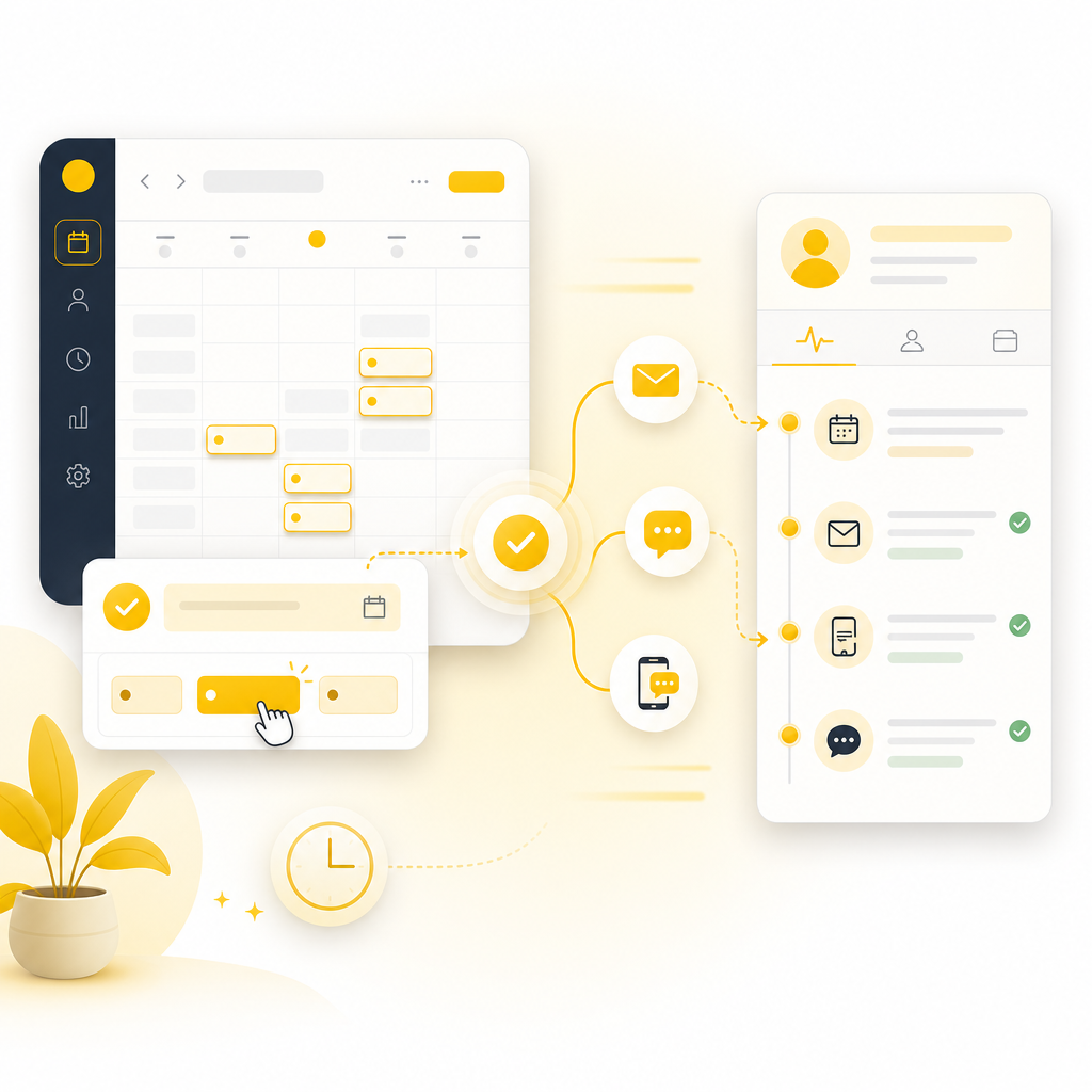 Illustration of automated appointment scheduling with calendar, confirmations, reminders, and CRM logging.