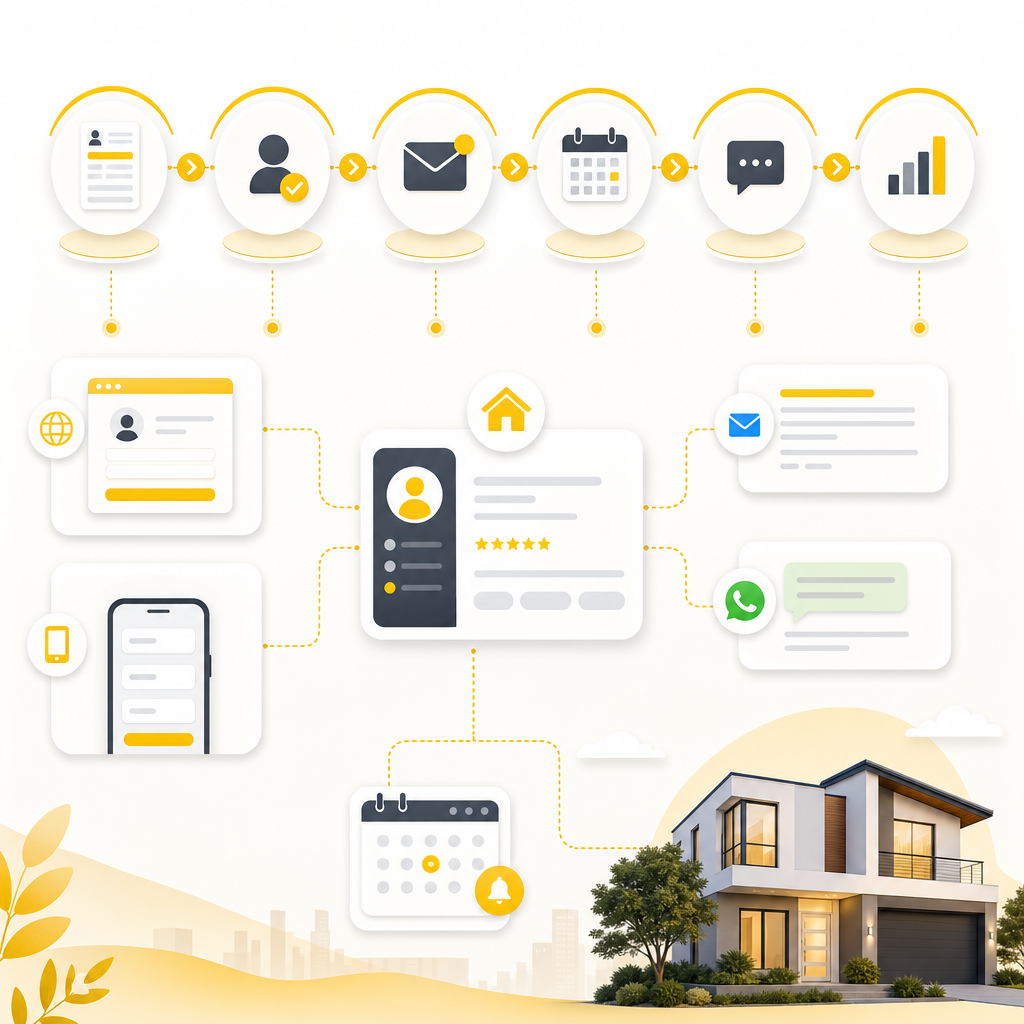 Illustration of an always-on real estate lead workflow pipeline connecting intake, CRM, and scheduling.